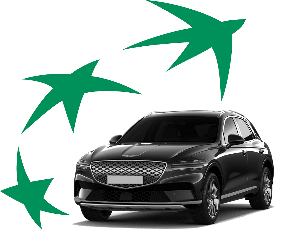 Genesis GV70 noire en l'abonnement auto avec le logo Arval en arrière-plan