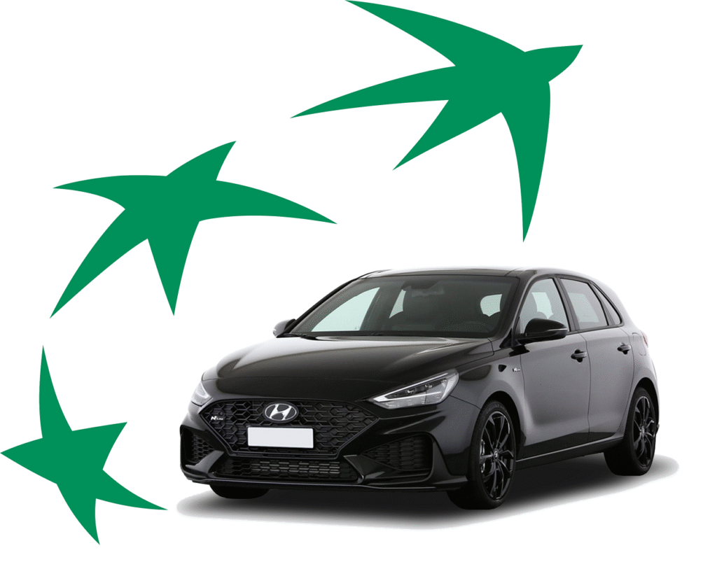 Hyundai i30 noire en l'abonnement auto avec le logo Arval en arrière-plan